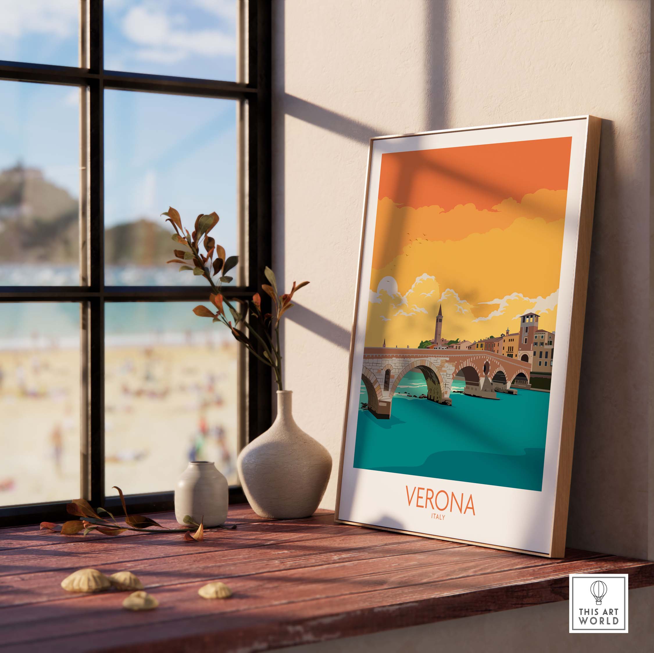 Verona Poster Italy displayed on a table with window view, showcasing vintage travel art and stylish decor.