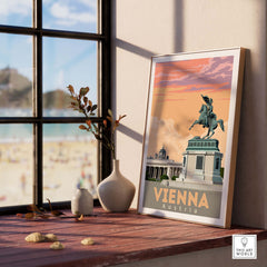 Framed Vienna Austria poster on a windowsill with beach view, showcasing vintage travel art.