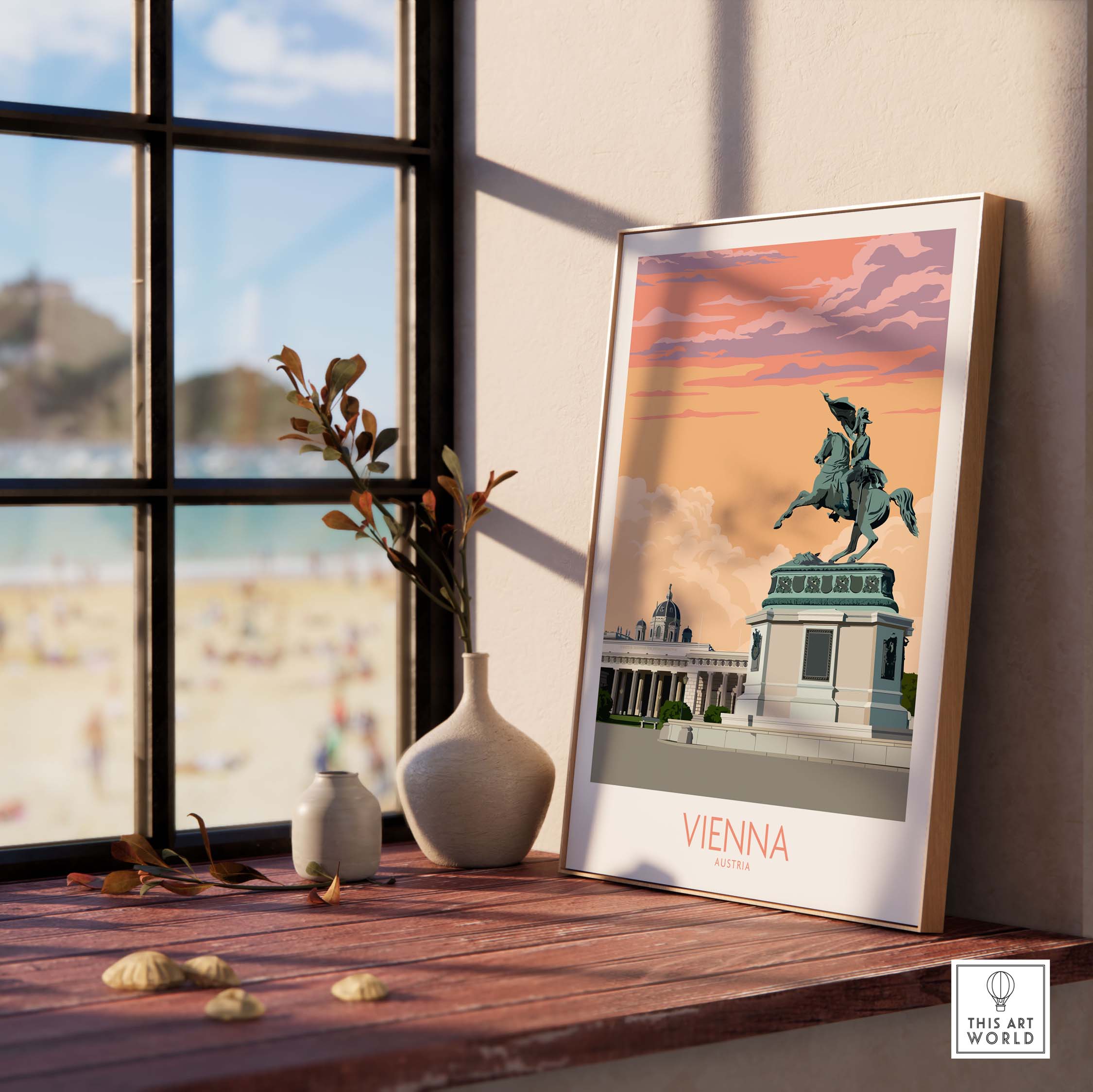 Stylish Vienna Print Austria Travel Poster displayed in a bright room, featuring vintage design elements.