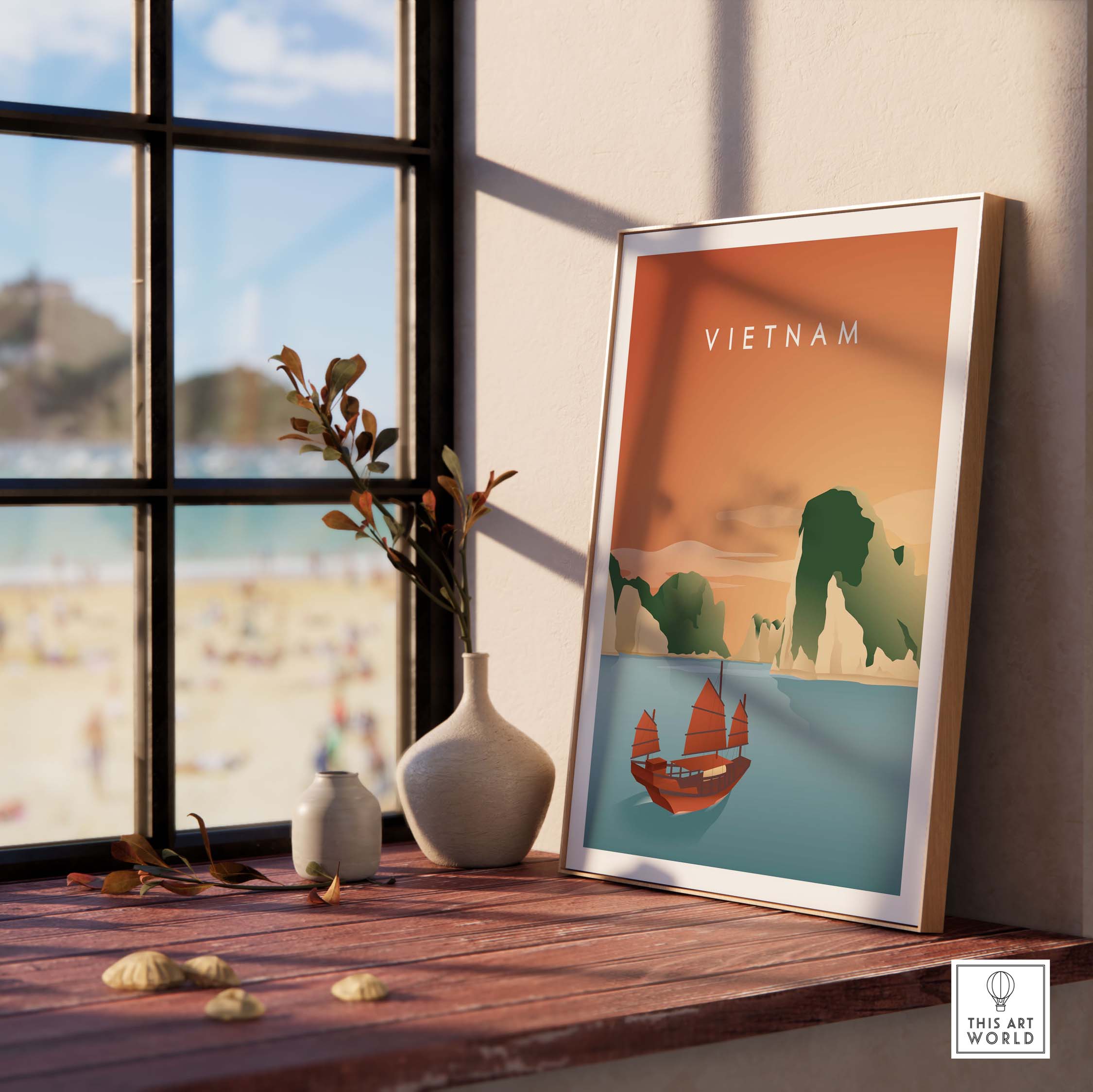Vietnam Wall Art Poster featuring Ha Long Bay, beautifully framed on a windowsill with beach view.