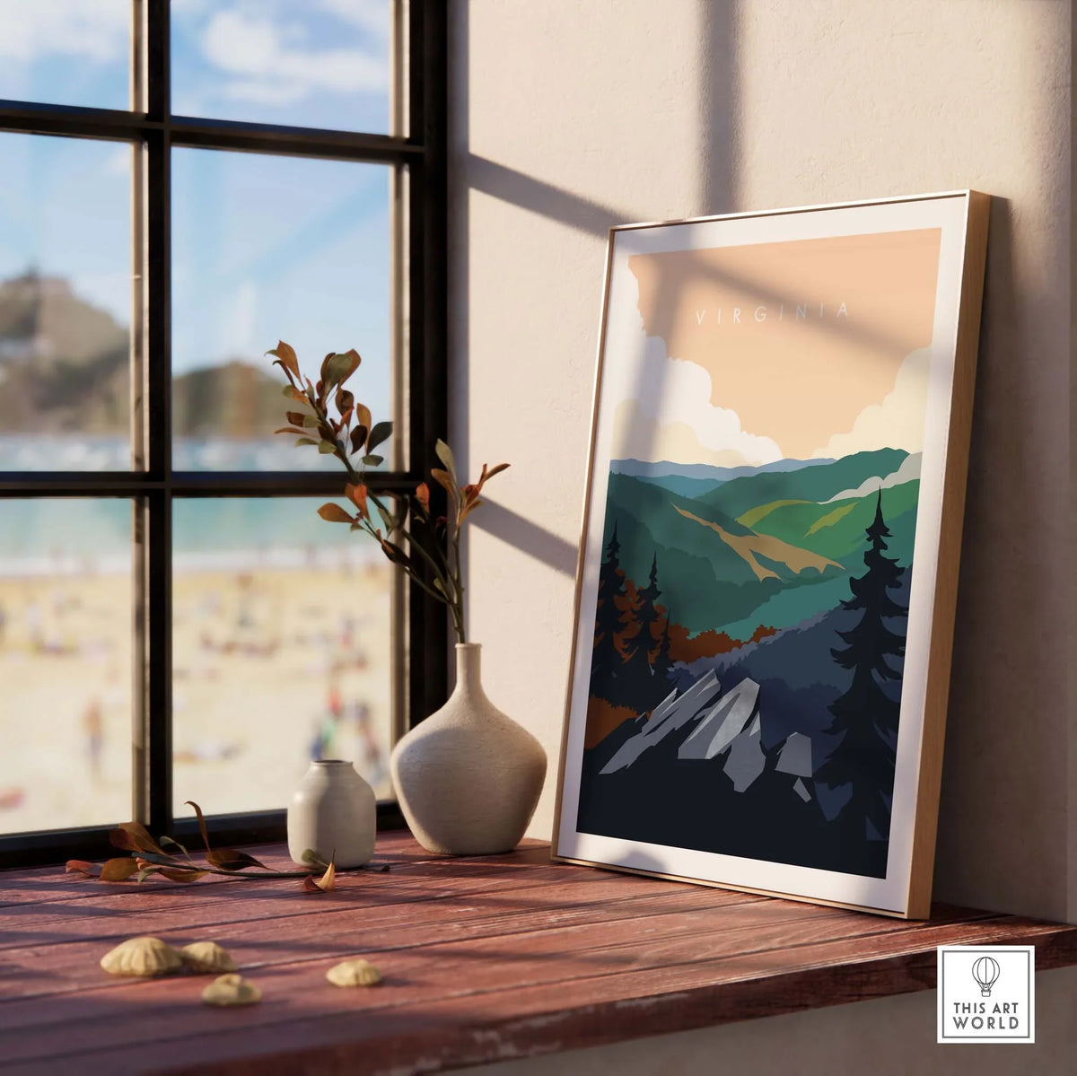 Virginia travel poster print displayed on a wooden table by a window, showcasing lush mountains and trees.