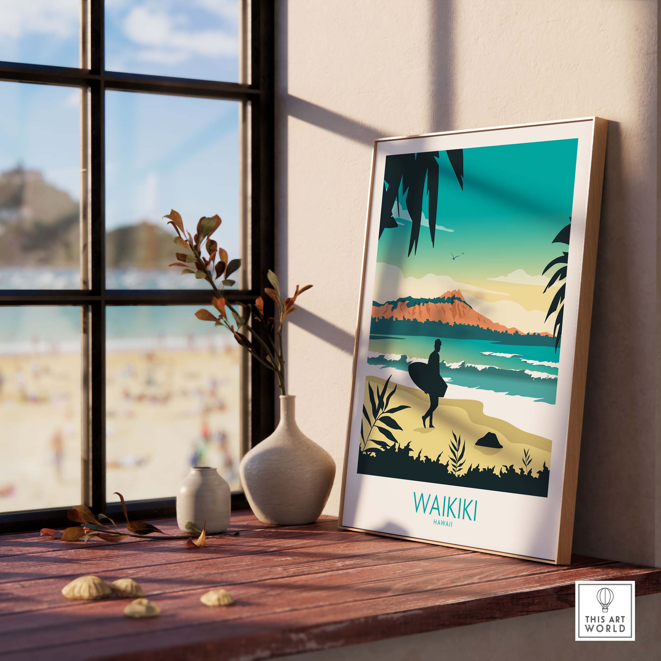 Waikiki Hawaii Poster Print displayed near a window, showcasing vintage travel art inspired by tropical scenery.