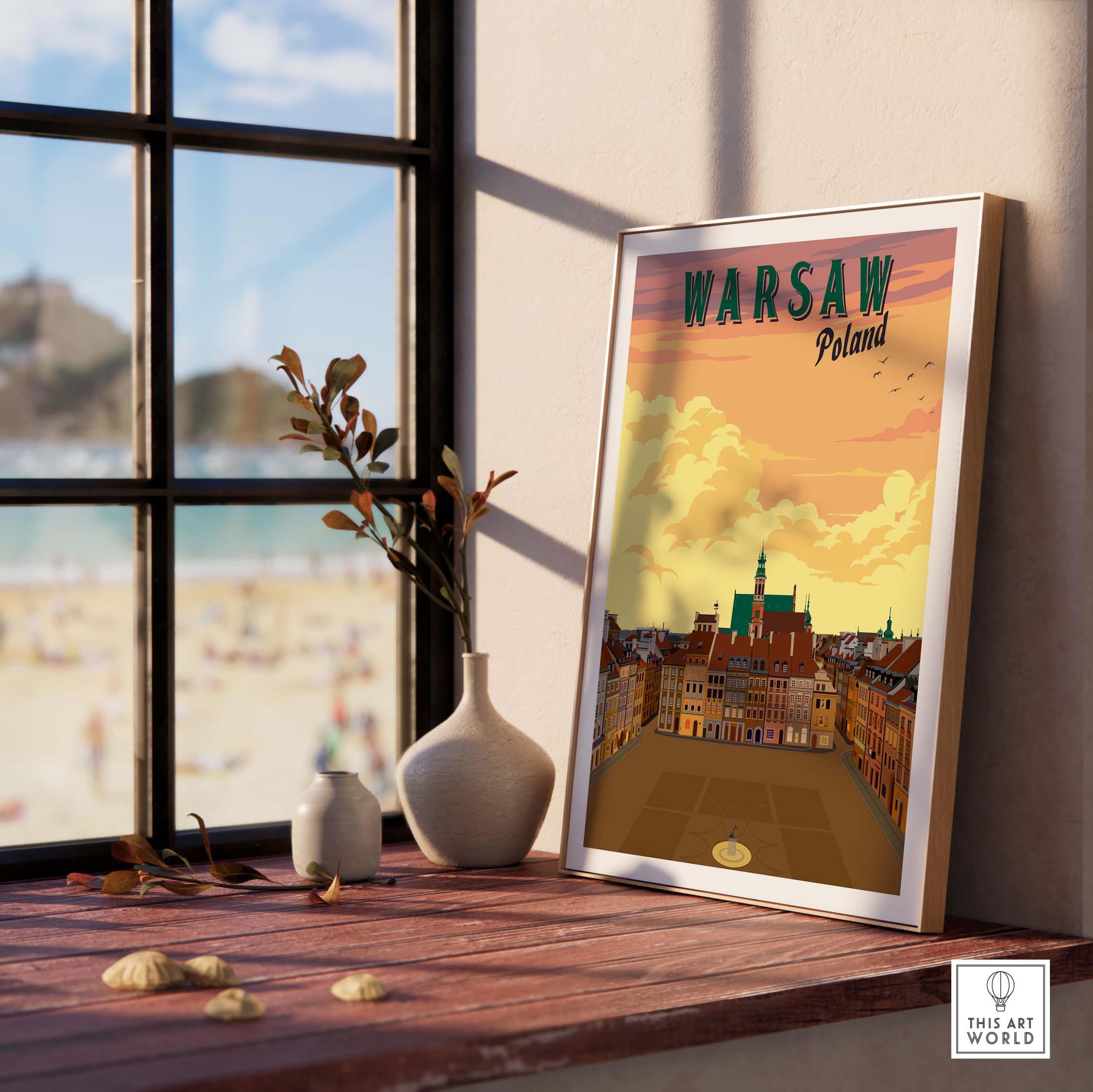 Warsaw Poster Poland displayed in a stylish room with a scenic beach view, perfect for travel lovers.