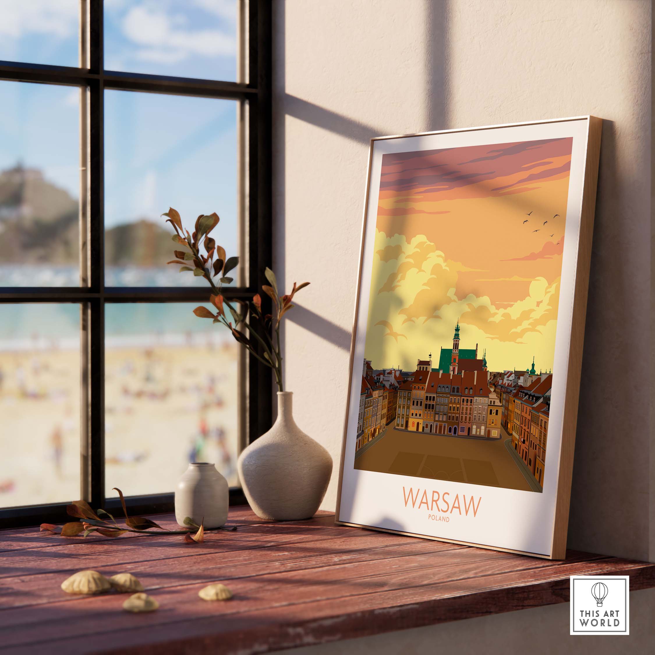 Framed Warsaw Print Poland Poster capturing vintage travel vibes, displayed by a sunny window in a stylish interior.