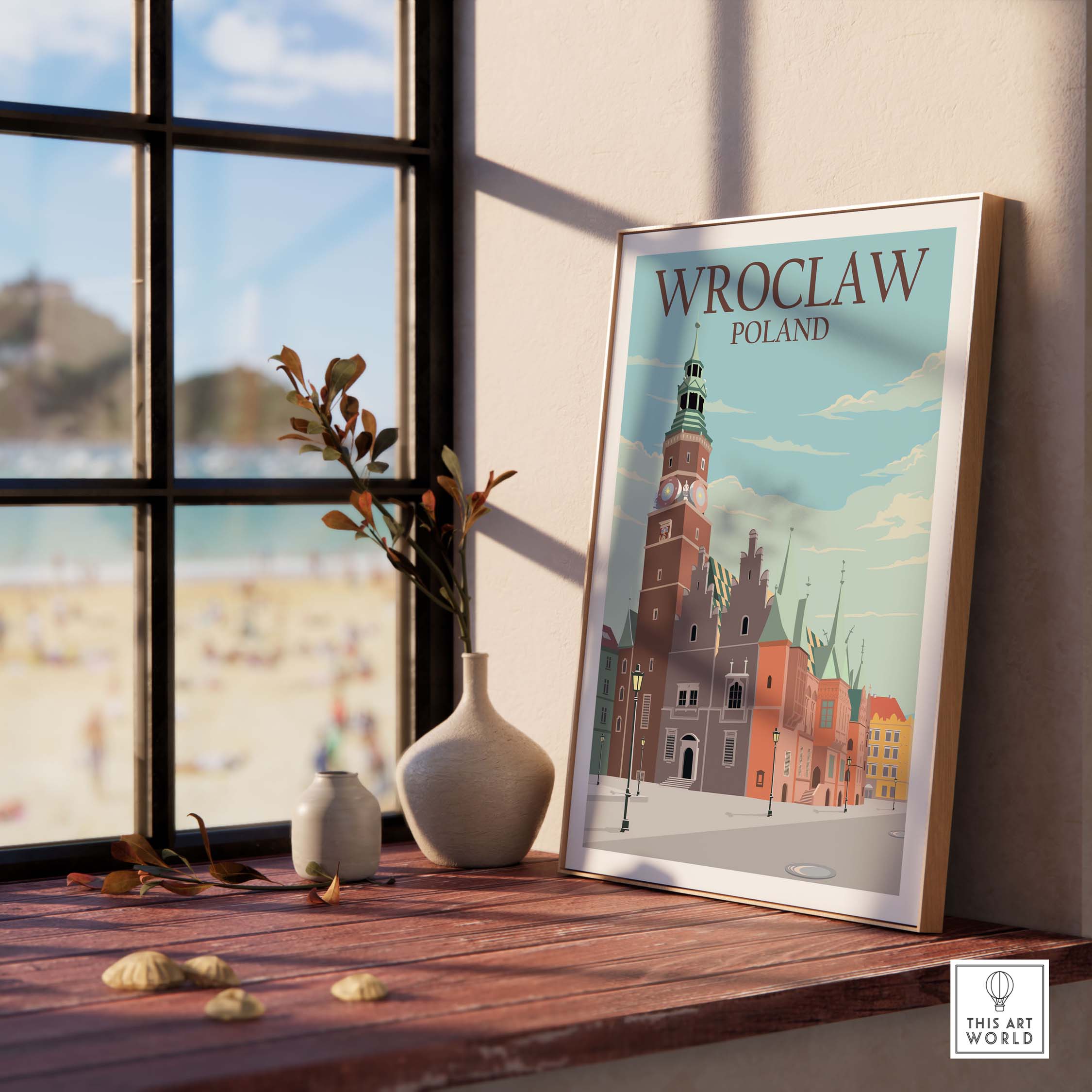 Wroclaw Poster Poland Print displayed indoors with a vase and natural light, capturing vintage travel art inspiration.