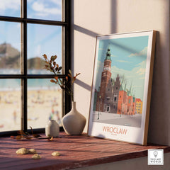 Wroclaw Print Poland Travel Poster displayed by a window, showcasing vintage-inspired wall art.