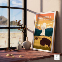 Yellowstone National Park poster featuring bison illustration and geyser, perfect for nature lovers and interior design.