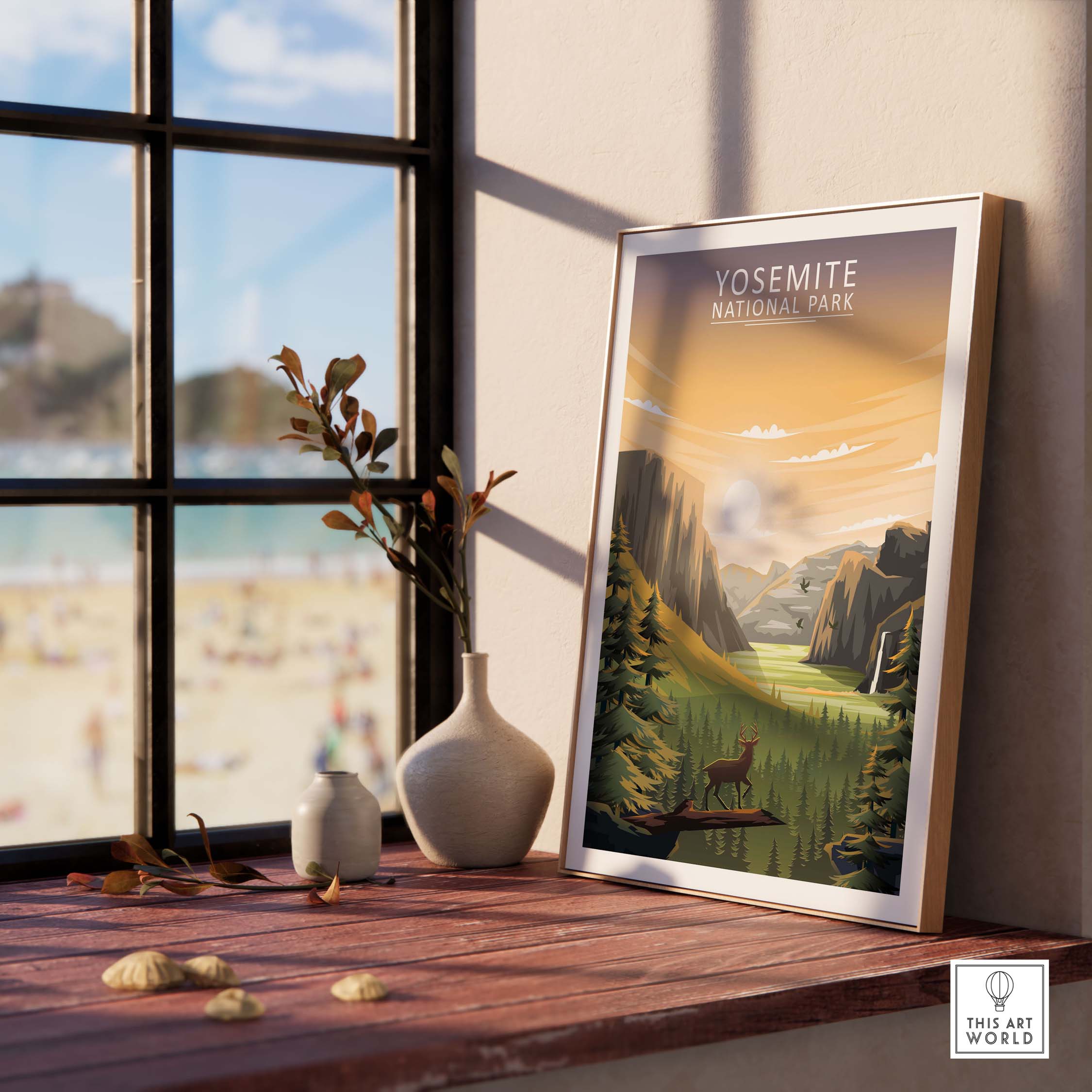 Yosemite National Park poster displayed in a bright room, showcasing minimalist outdoor artwork and natural elements.