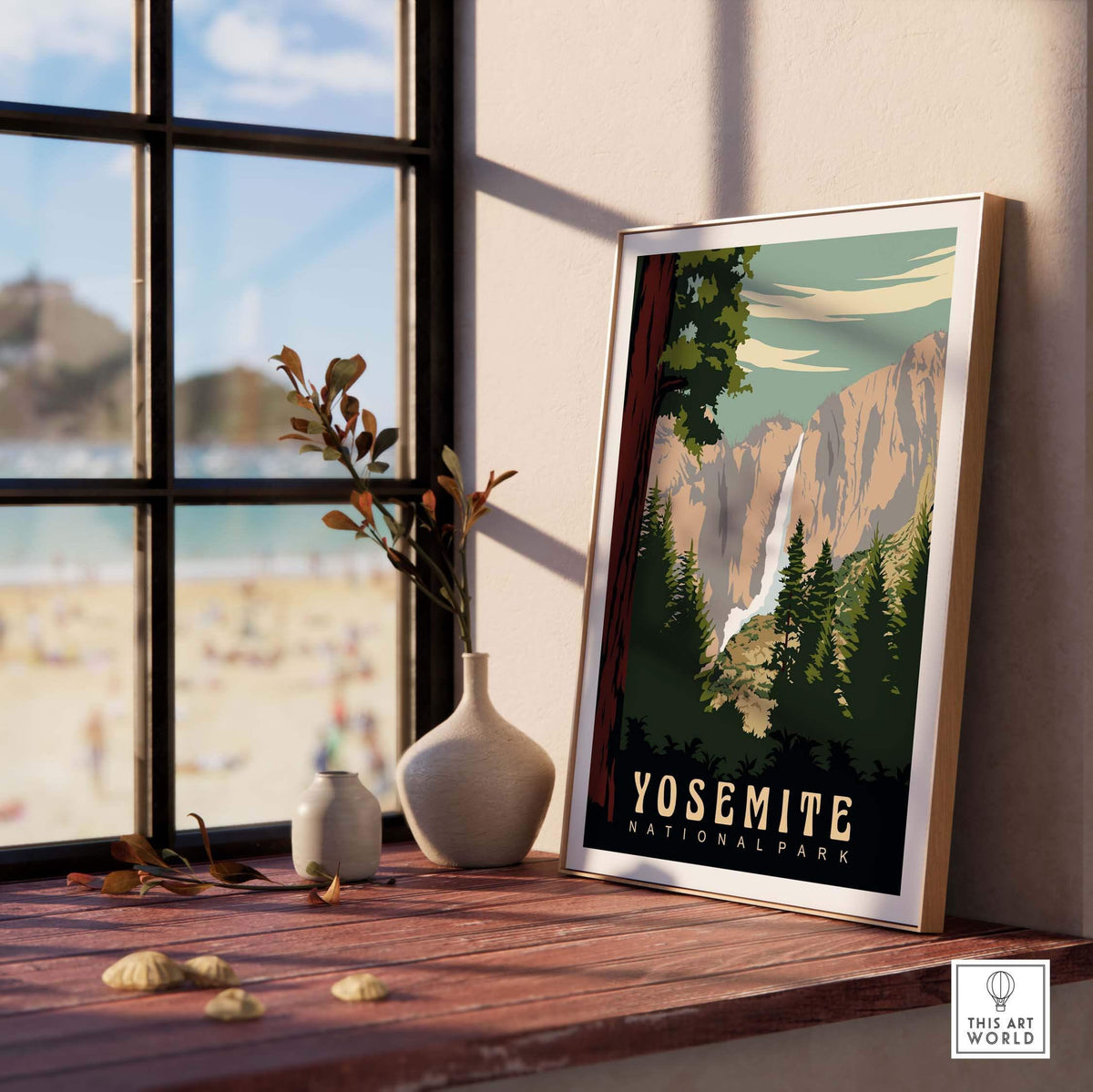 Yosemite National Park print displayed indoors, capturing vintage-style wanderlust and outdoor beauty.