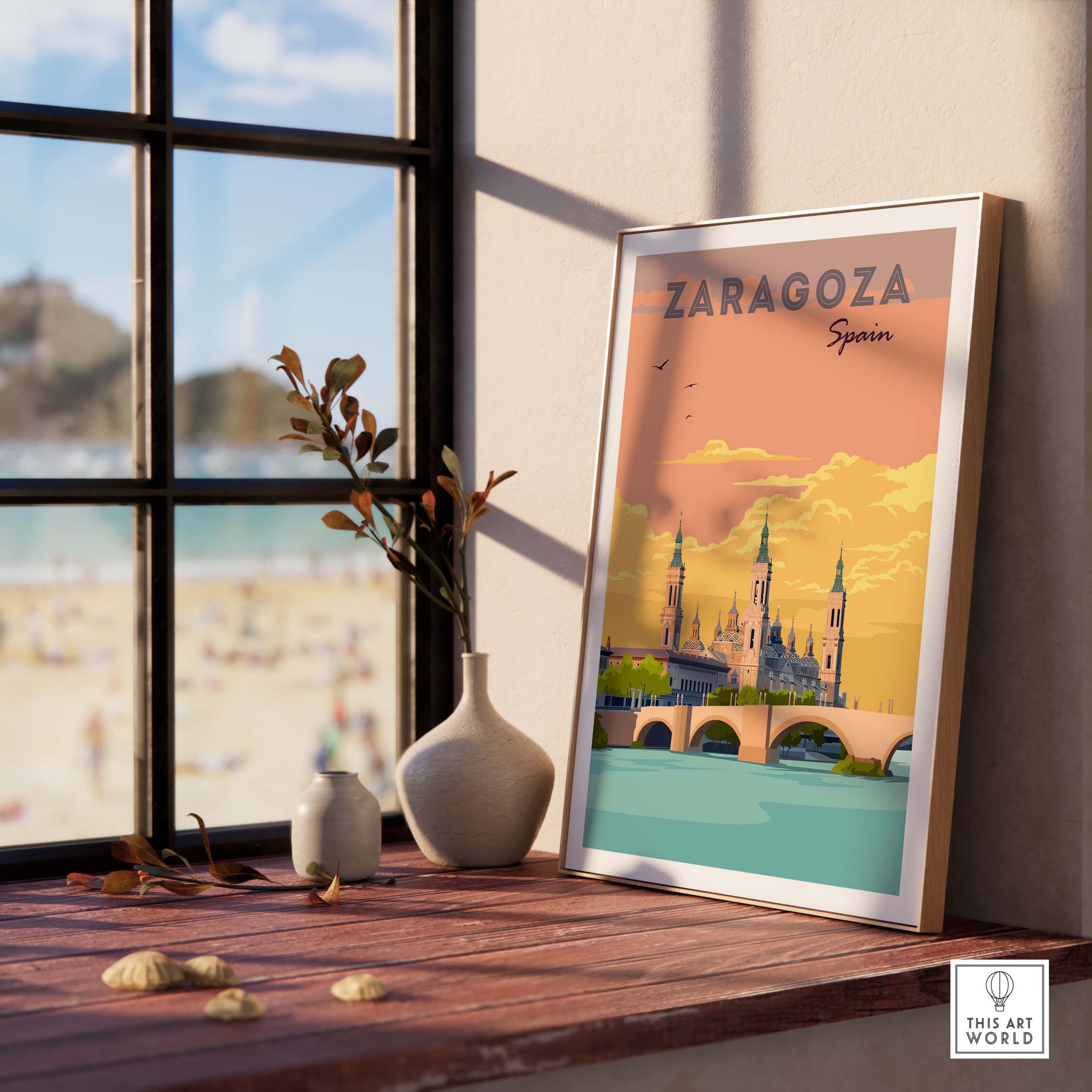 Zaragoza Spain vintage travel print displayed in a stylish interior, perfect for home or office decor.