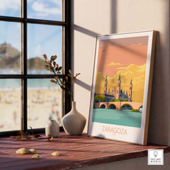 Zaragoza Spain poster displayed indoors with a scenic view and vintage style, perfect for travel enthusiasts.
