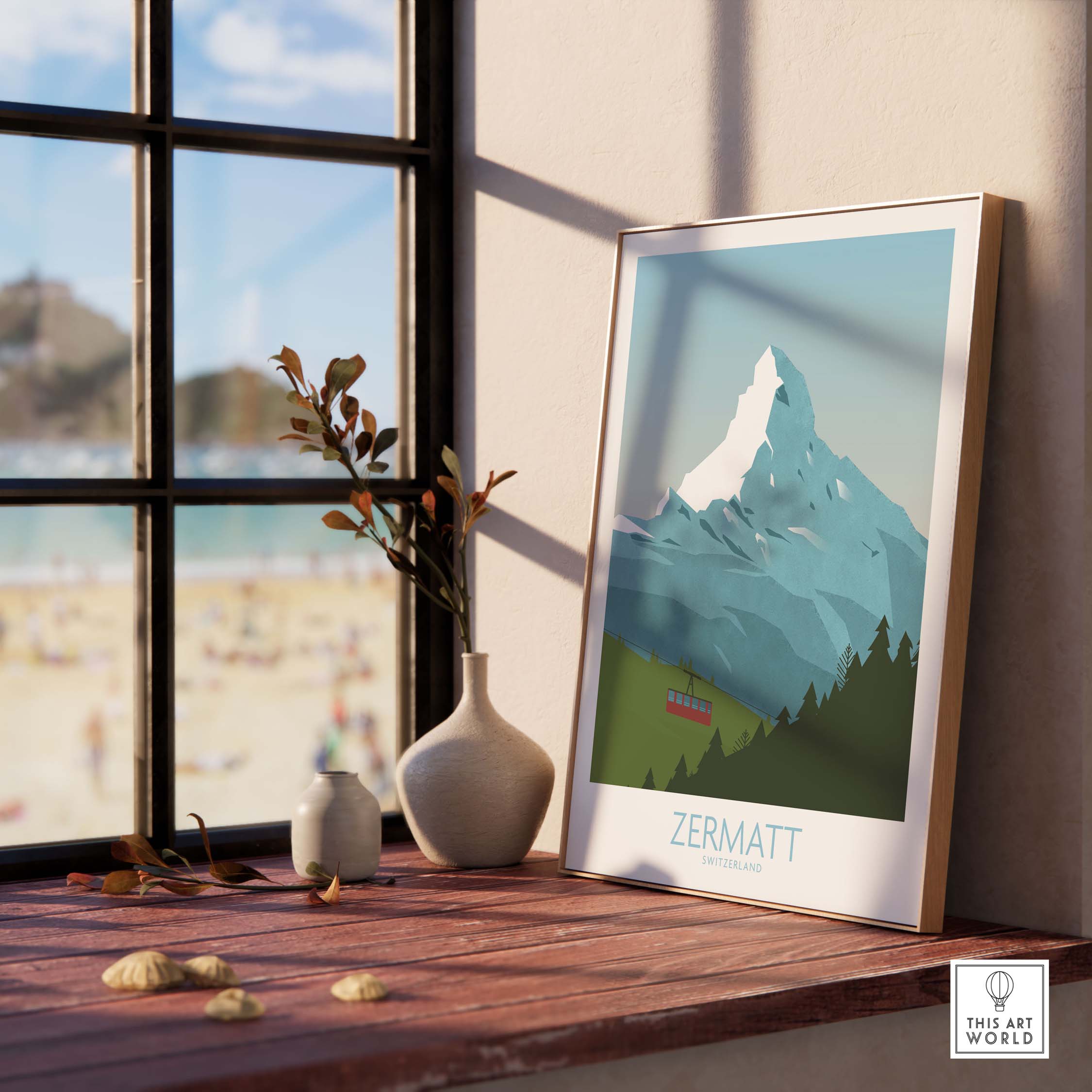 Zermatt Poster Switzerland Print featuring Matterhorn Peak, displayed on a wooden table near a window.