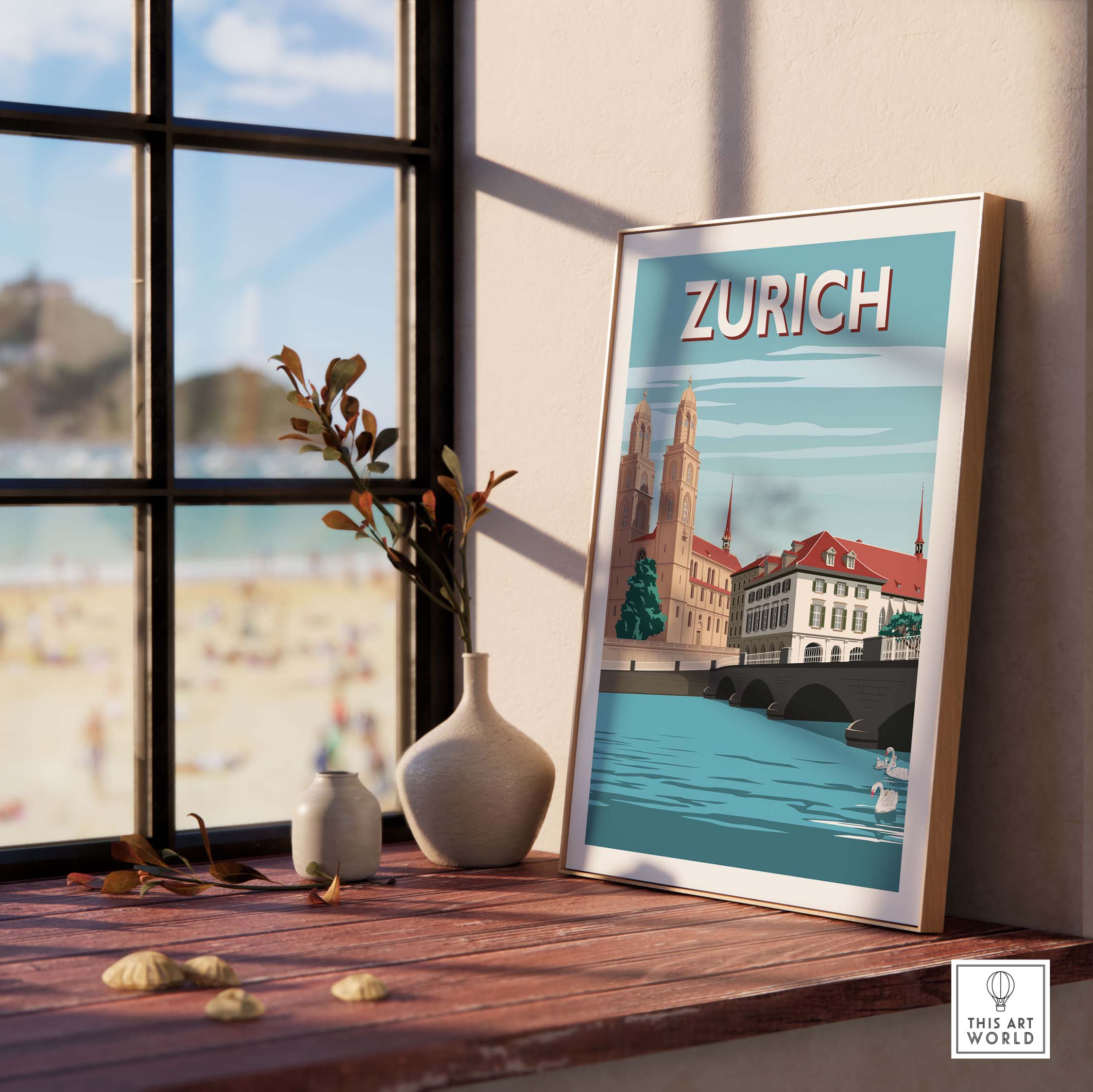 Zurich Switzerland travel poster print displayed in a stylish home setting with minimalist decor.