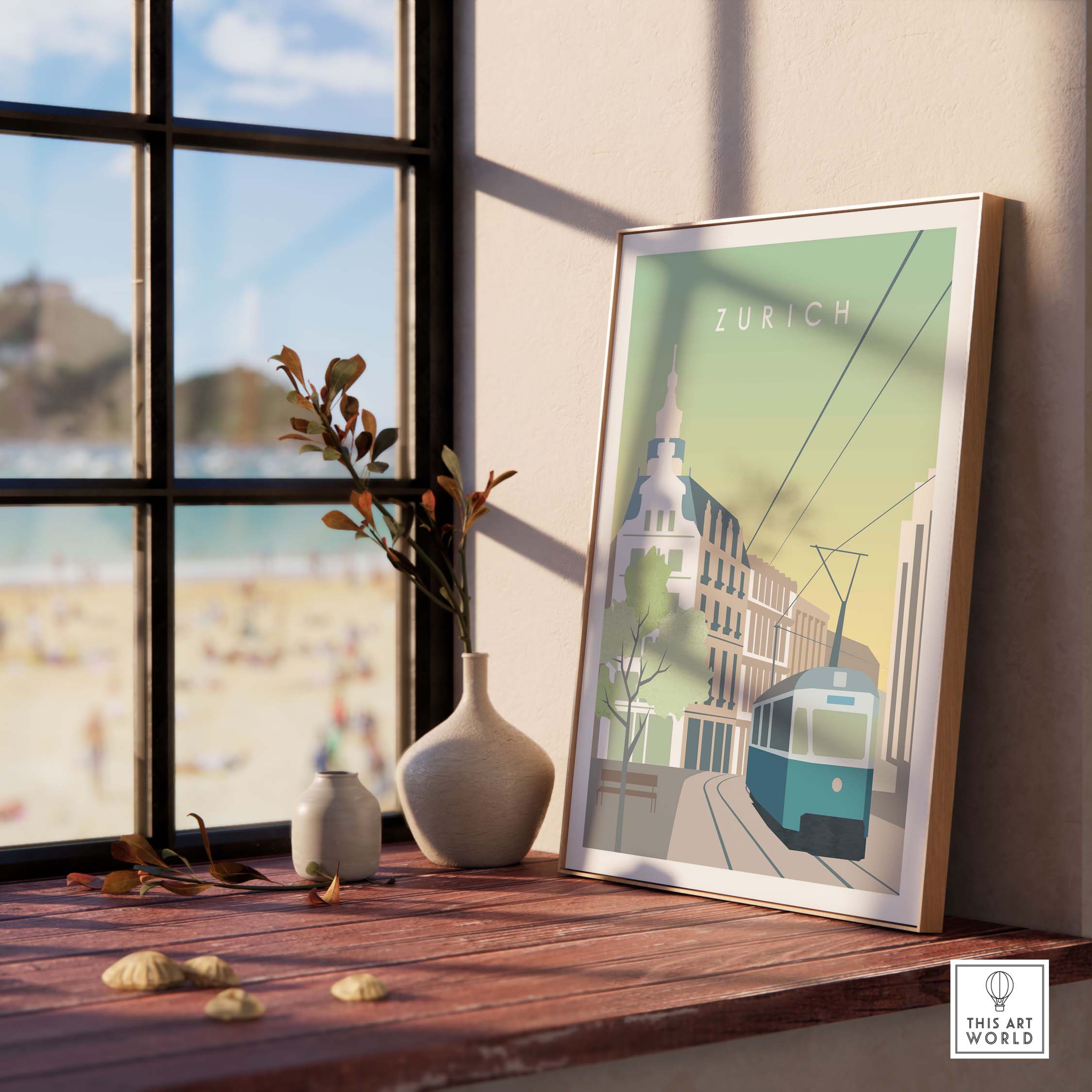 Framed Zurich Print Wall Art Poster displayed on a windowsill, showcasing vintage travel inspired design.
