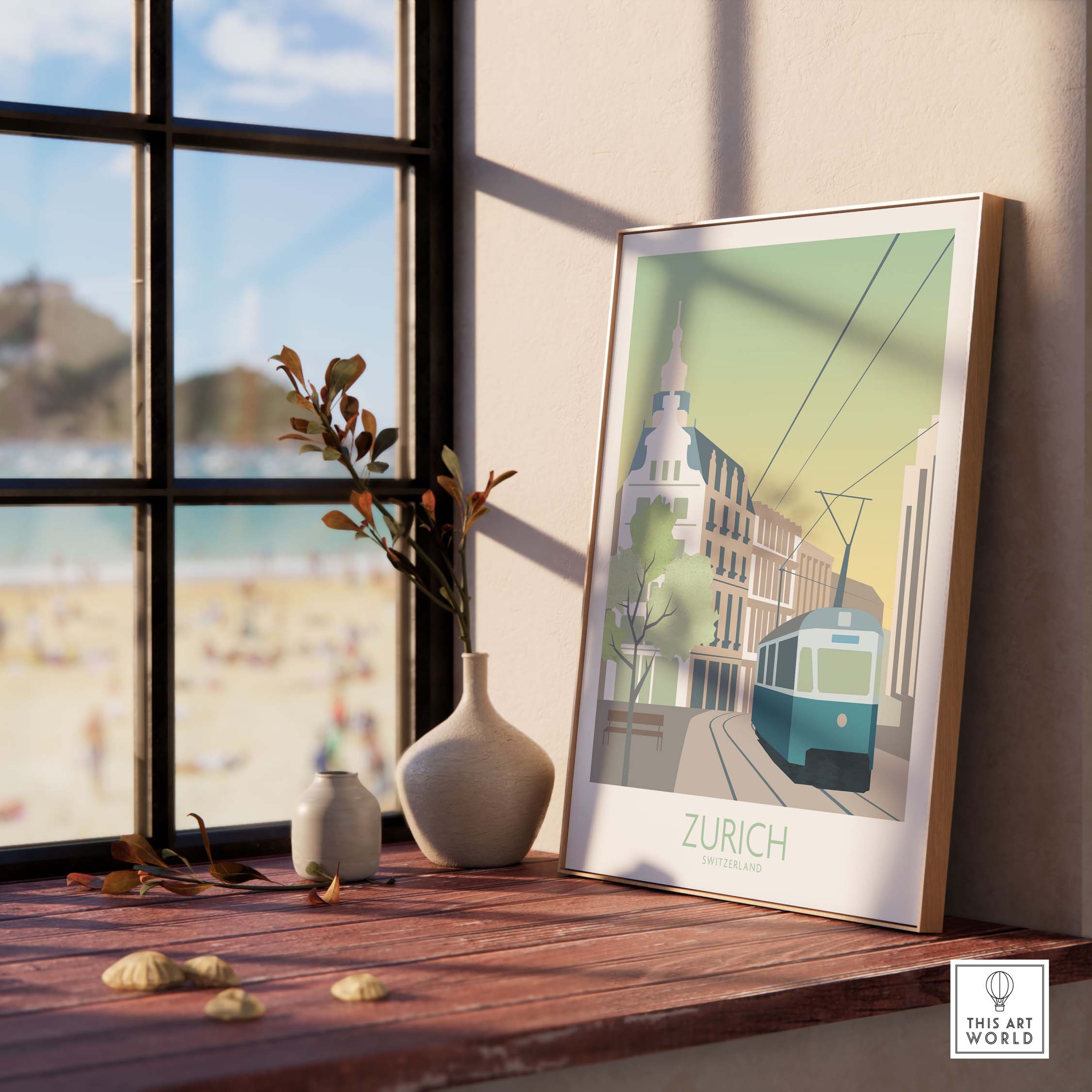 Zurich Print Travel Poster displayed on a table near a window, featuring a tram and scenic city view.