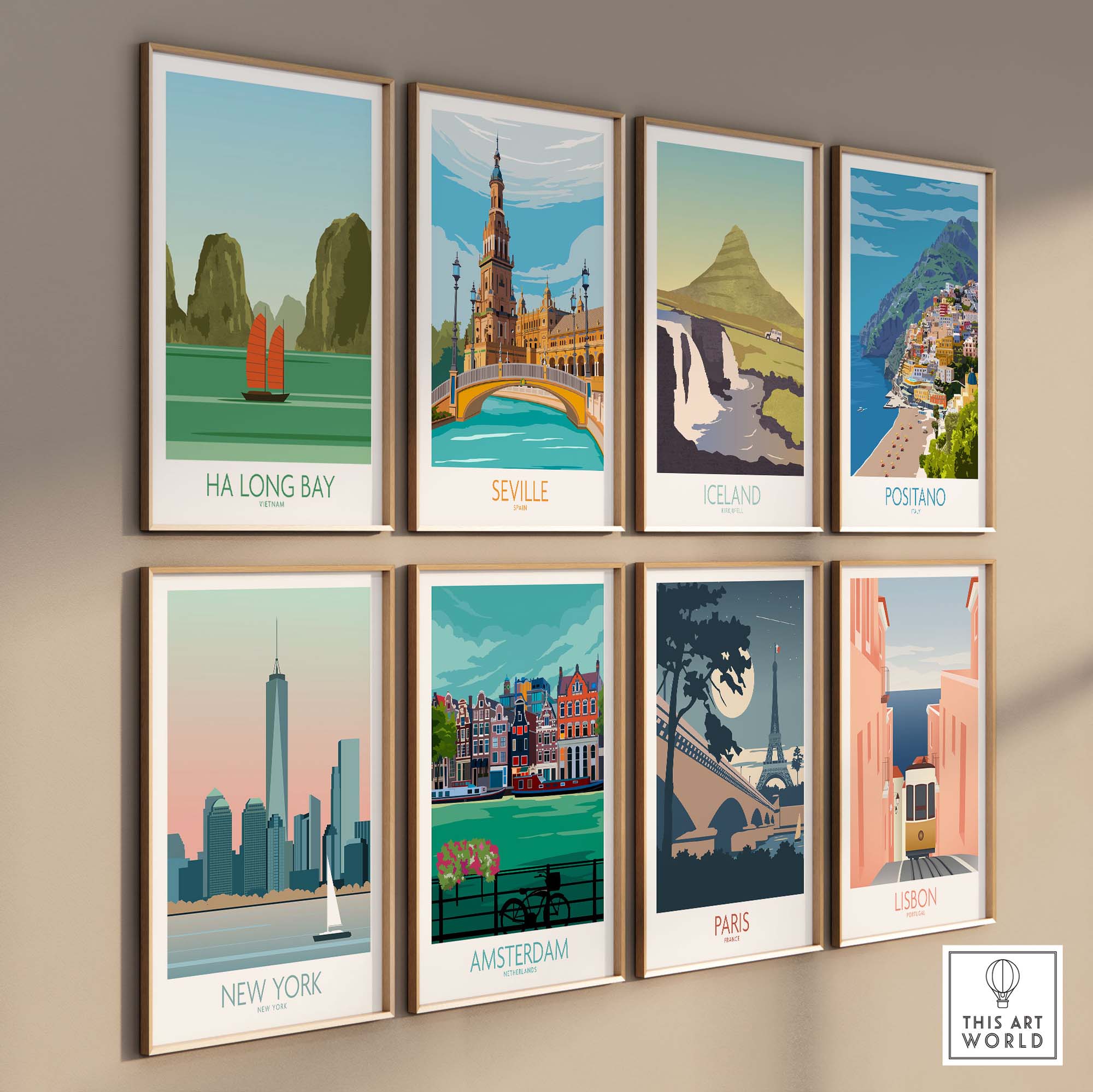 Collection of vintage travel posters featuring Ha Long Bay, Seville, Iceland, Positano, New York, Amsterdam, Paris, and Lisbon.