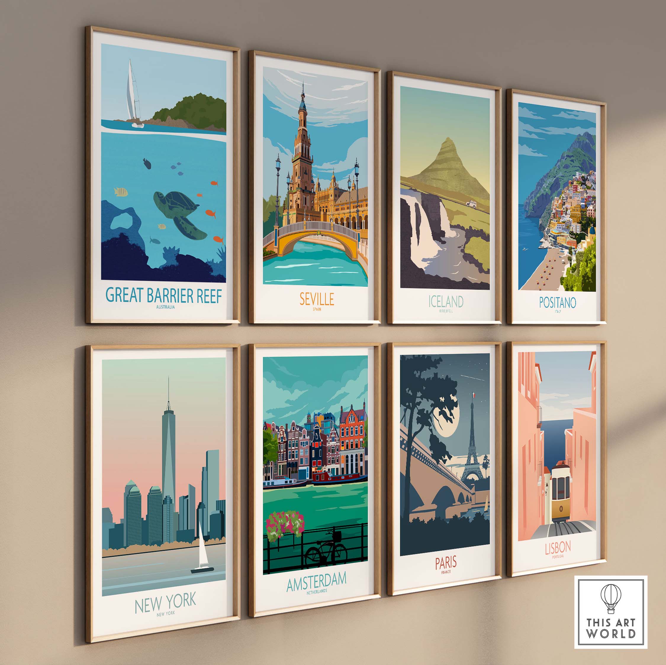 Colorful wall art featuring Great Barrier Reef, Seville, Iceland, Positano, New York, Amsterdam, Paris, and Lisbon posters.