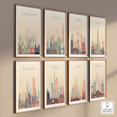 Wall art featuring city skyline prints of Amsterdam, London, Tokyo, Paris, New York, Dubai, Sydney, and Bangkok.