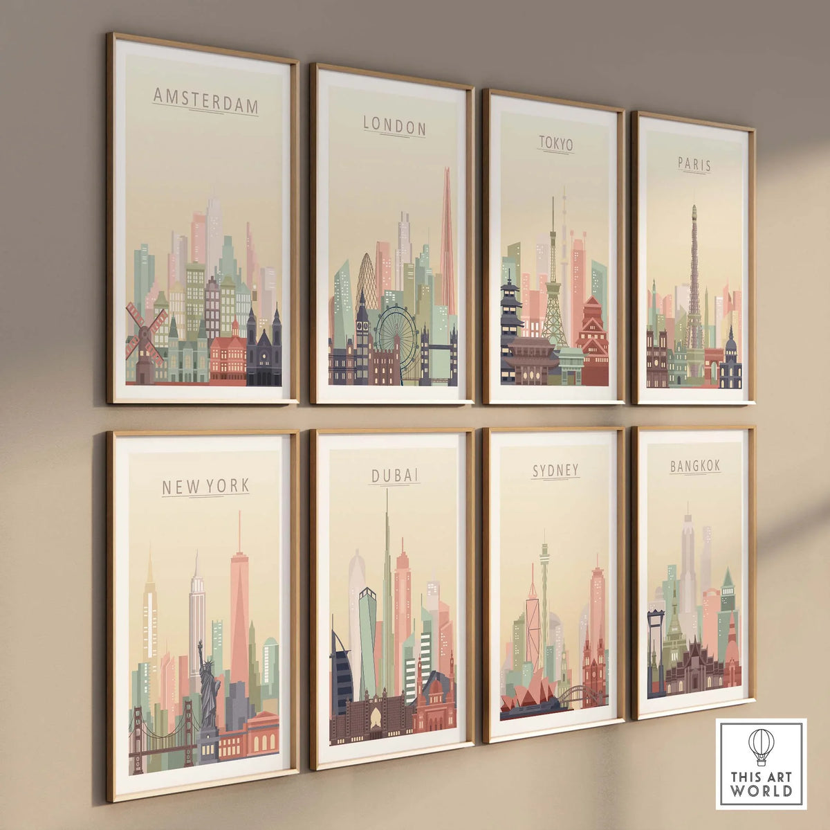 Collection of city skyline wall art prints featuring Amsterdam, London, Tokyo, Paris, New York, Dubai, Sydney, and Bangkok.
