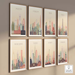 Wall art prints of famous city skylines including Austin, London, Tokyo, and more in pastel colors.