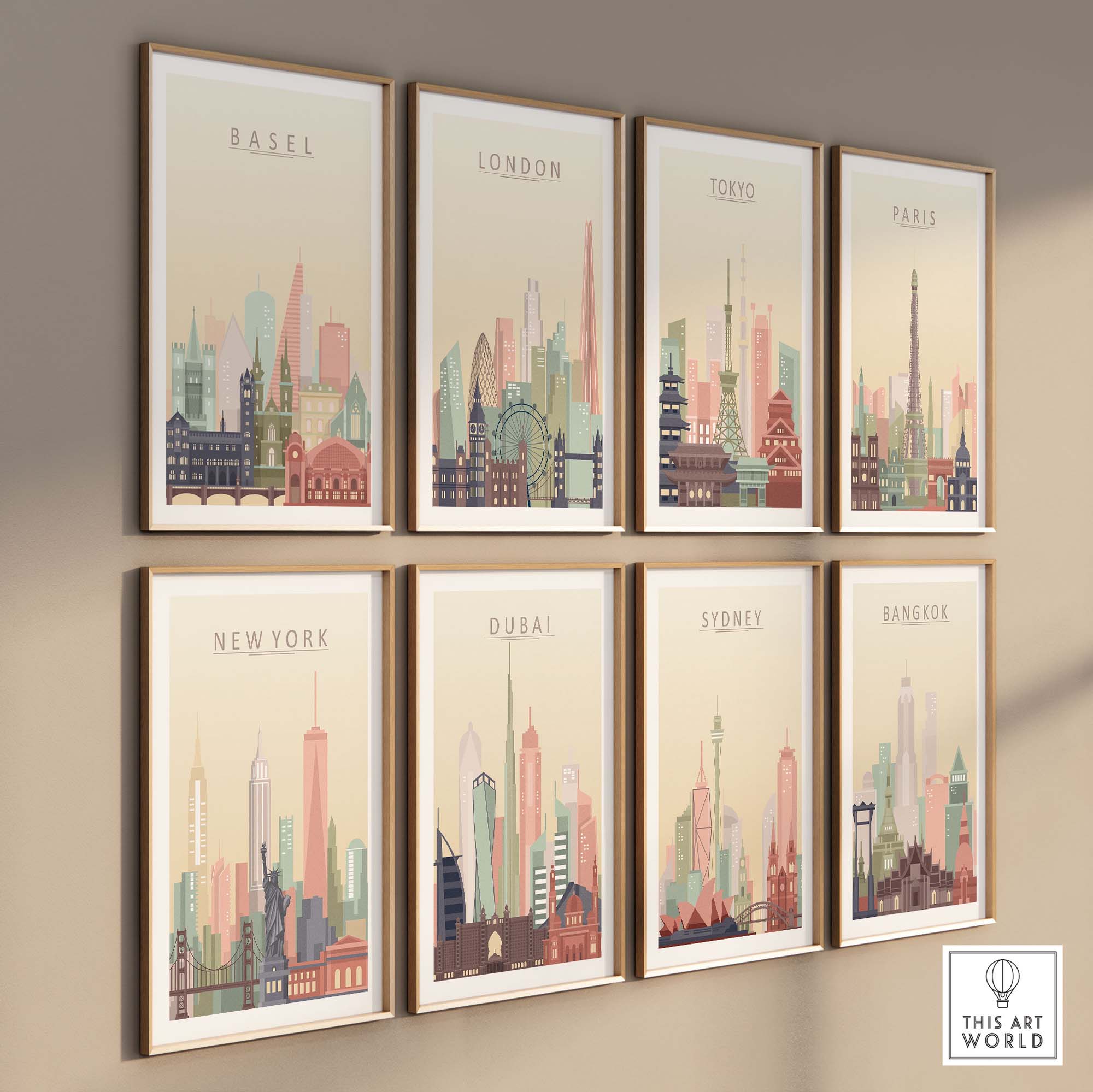 Colorful city skyline wall art featuring Basel, London, Tokyo, Paris, New York, Dubai, Sydney, and Bangkok.