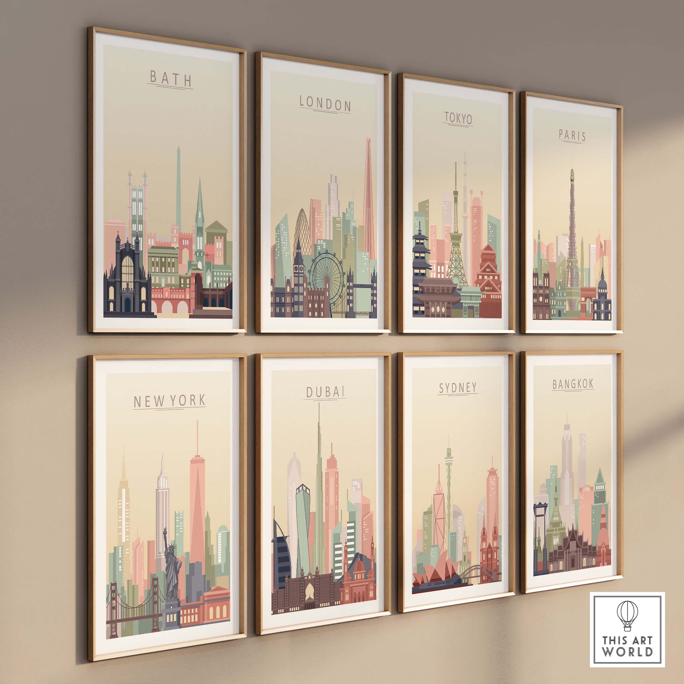 Gallery of city skyline posters including Bath, London, Tokyo, Paris, New York, Dubai, Sydney, and Bangkok in pastel tones.