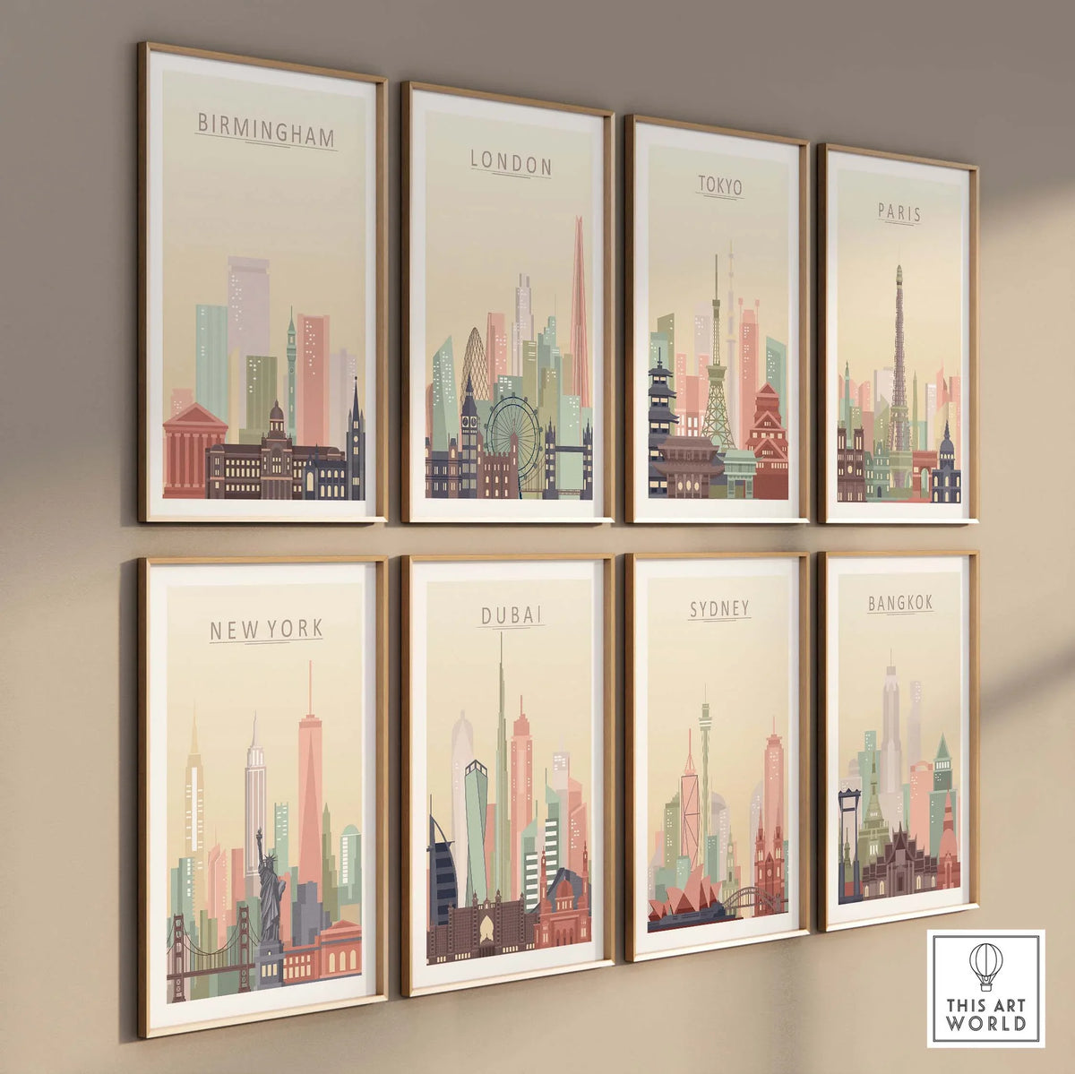 Framed city skyline prints of Birmingham, London, Tokyo, Paris, New York, Dubai, Sydney, and Bangkok in pastel tones.