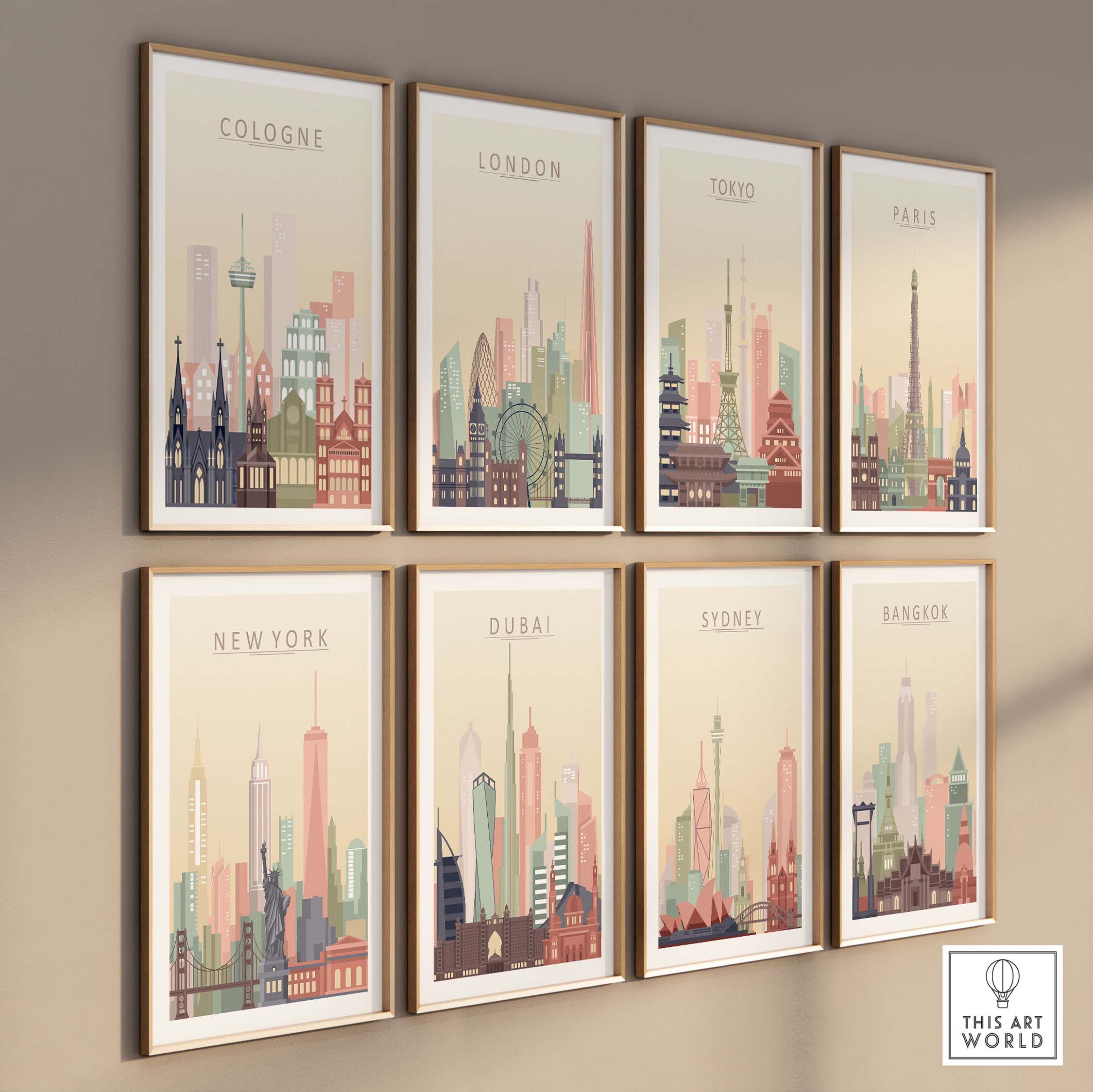 Wall art featuring skyline prints of Cologne, London, Tokyo, Paris, New York, Dubai, Sydney, and Bangkok in pastel tones.