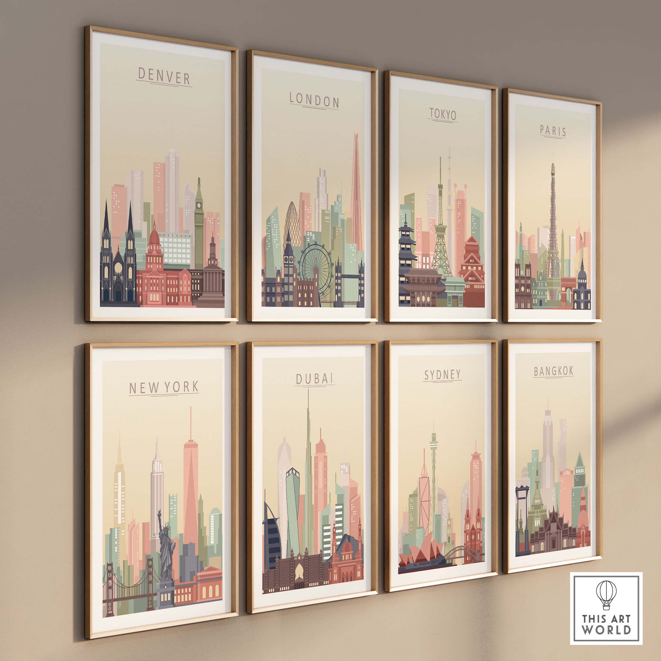 Colorful city skyline prints on a wall, featuring Denver, London, Tokyo, Paris, New York, Dubai, Sydney, and Bangkok.