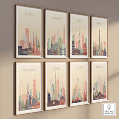 Collection of framed skyline wall art prints featuring Dublin, London, Tokyo, Paris, New York, Dubai, Sydney, and Bangkok.