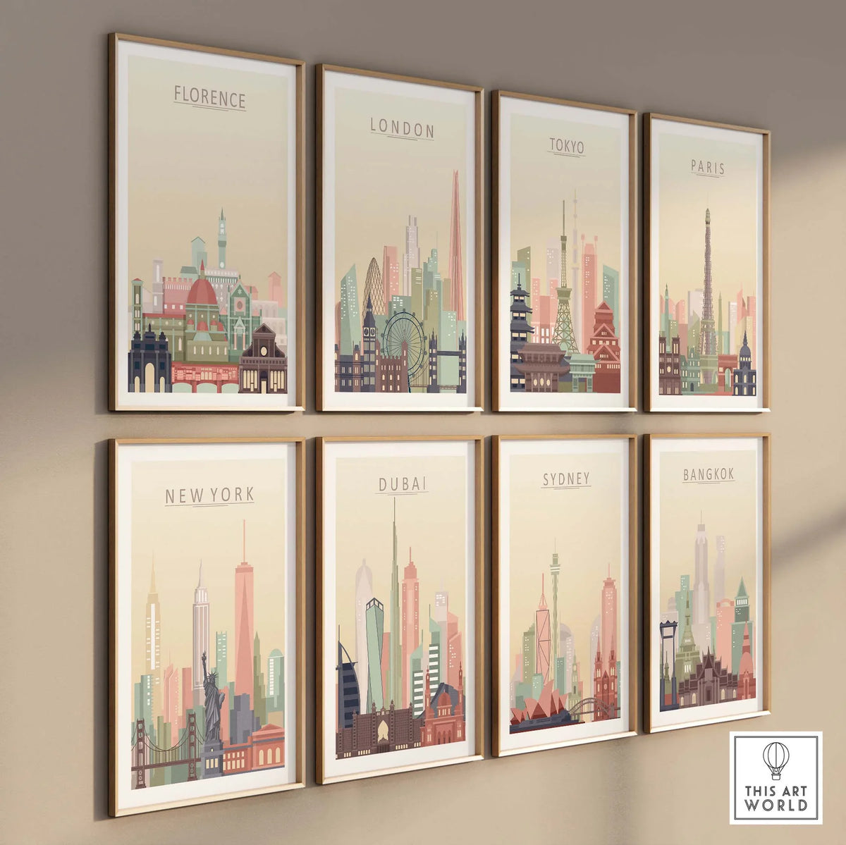 Gallery of city skyline prints including Florence, London, Tokyo, Paris, New York, Dubai, Sydney, and Bangkok.