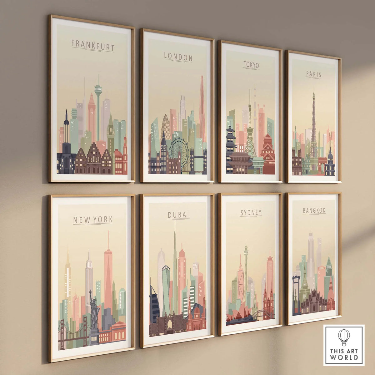 Colorful wall art featuring city skylines of Frankfurt, London, Tokyo, Paris, New York, Dubai, Sydney, and Bangkok.