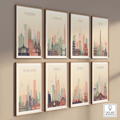 Collection of city skyline prints including Houston, London, Tokyo, Paris, New York, Dubai, Sydney, and Bangkok in pastel tones.