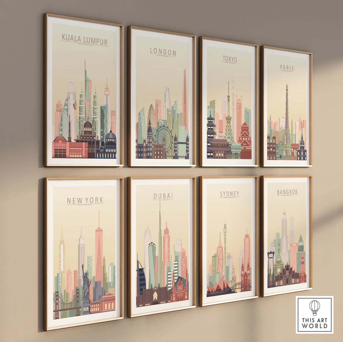 Collection of city skyline wall art prints including Kuala Lumpur, London, Tokyo, Paris, New York, Dubai, Sydney, and Bangkok.