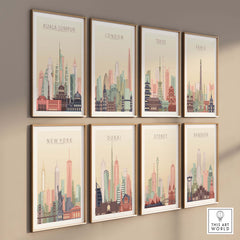 Collection of city skyline wall art prints including Kuala Lumpur, London, Tokyo, Paris, New York, Dubai, Sydney, and Bangkok.