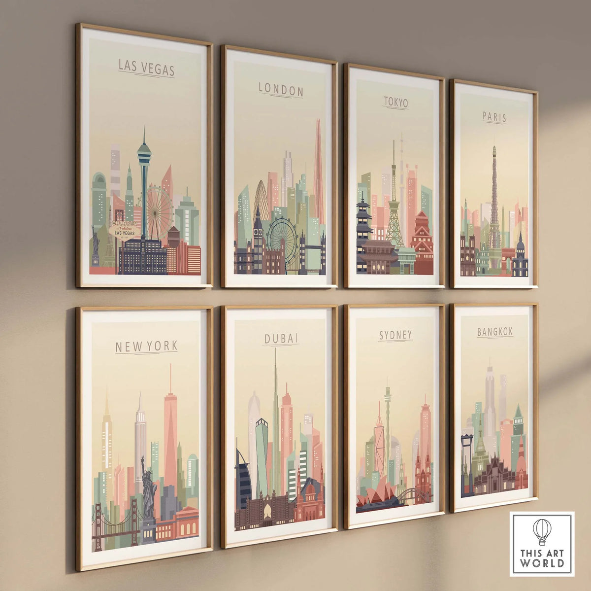 Gallery wall featuring city skyline posters of Las Vegas, London, Tokyo, Paris, New York, Dubai, Sydney, and Bangkok.