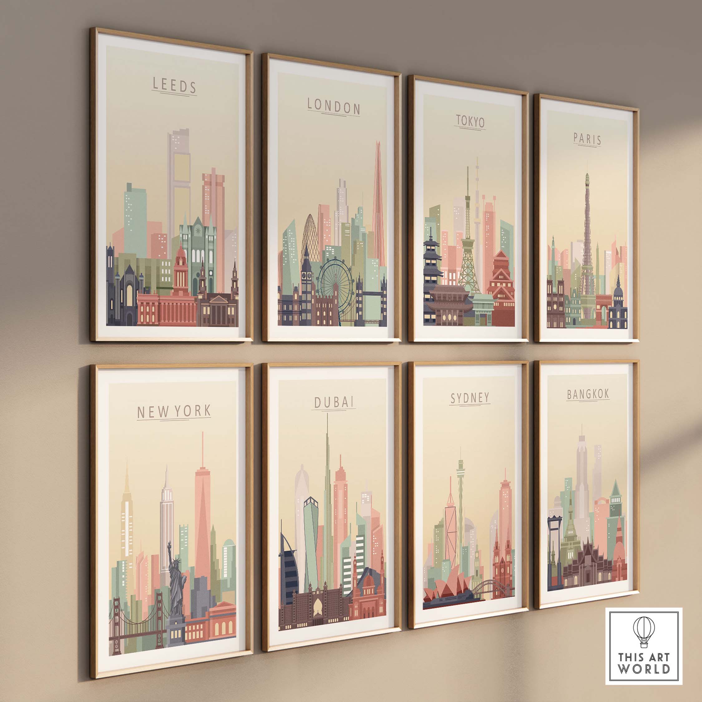 Collage of framed city skyline wall art prints including Leeds, London, Tokyo, and Paris.