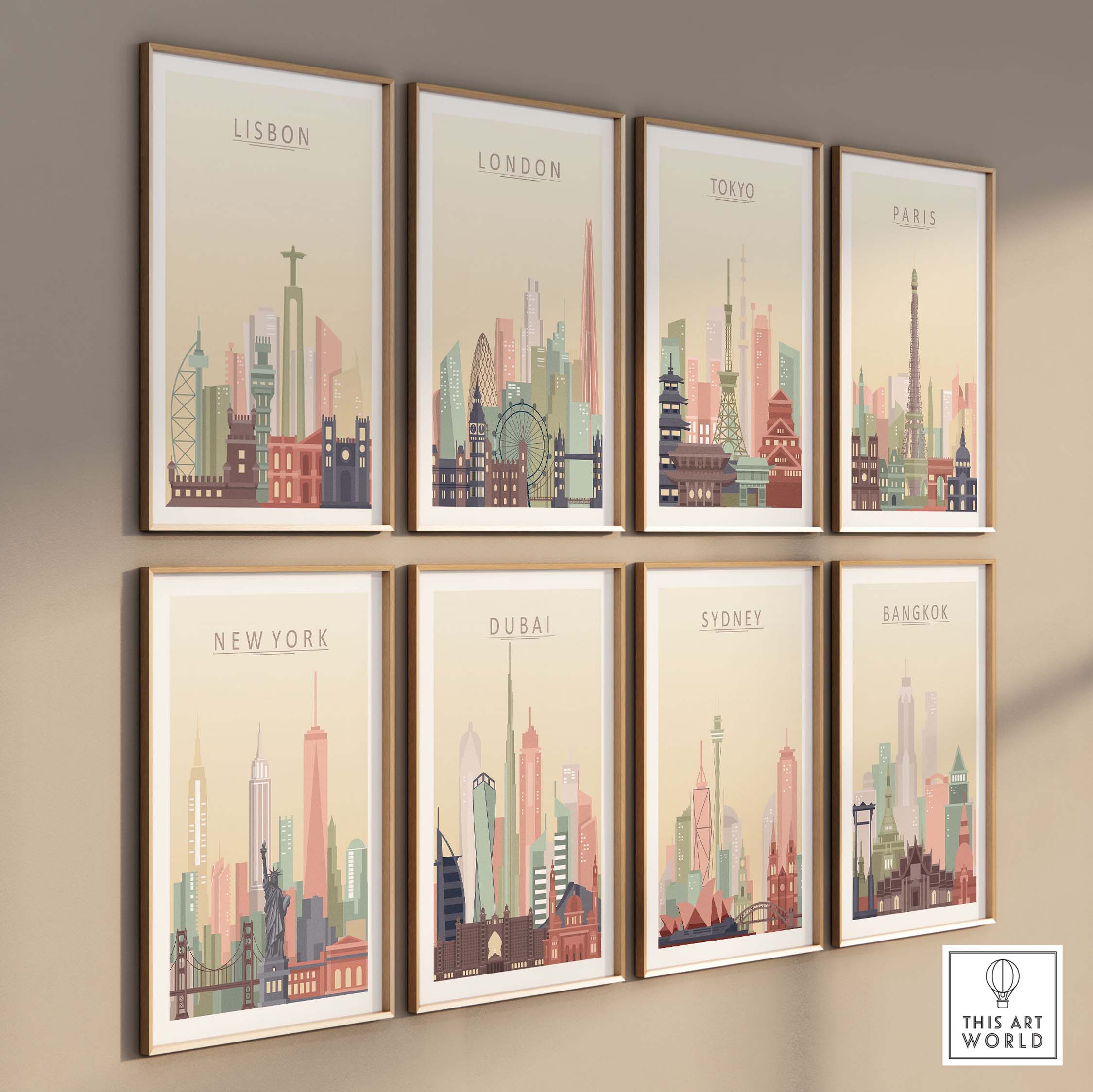 Set of city skyline wall art prints featuring Lisbon, London, Tokyo, Paris, New York, Dubai, Sydney, and Bangkok.