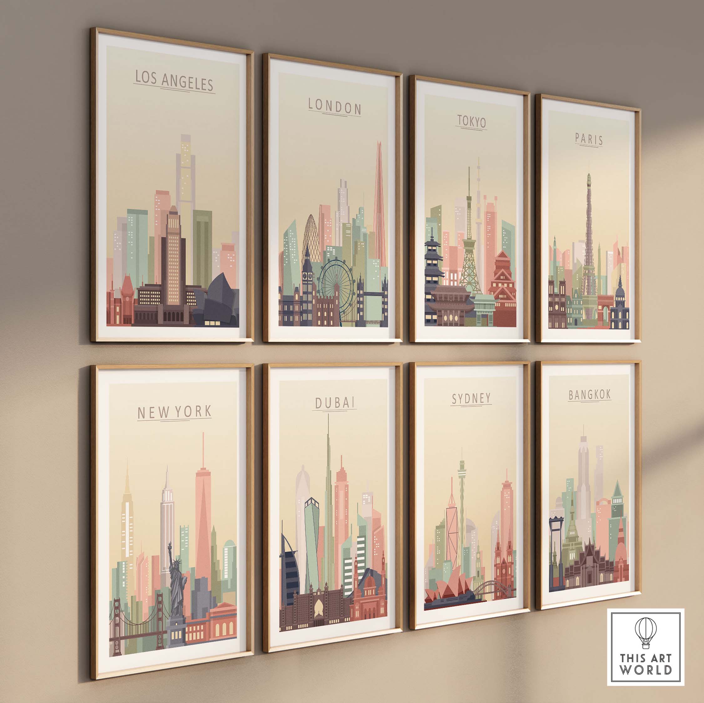 Gallery of city skyline posters including Los Angeles, London, Tokyo, and more in pastel tones, beautifully framed on wall.