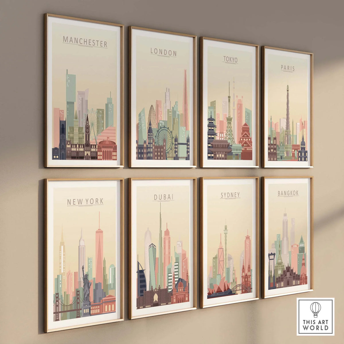Framed city skyline prints of Manchester, London, Tokyo, Paris, New York, Dubai, Sydney, and Bangkok.