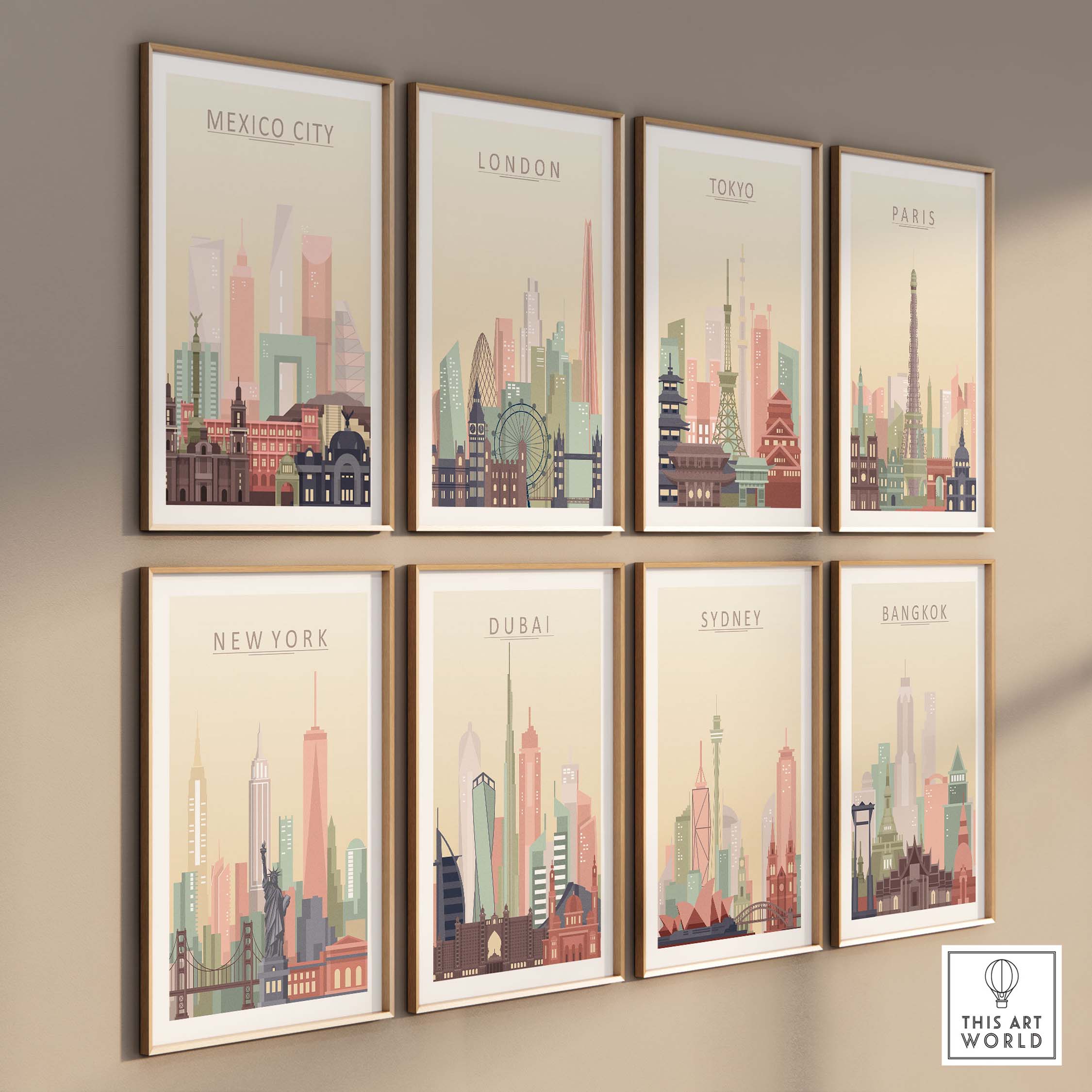 Colorful wall art prints featuring iconic skylines of Mexico City, London, Tokyo, Paris, New York, Dubai, Sydney, and Bangkok.