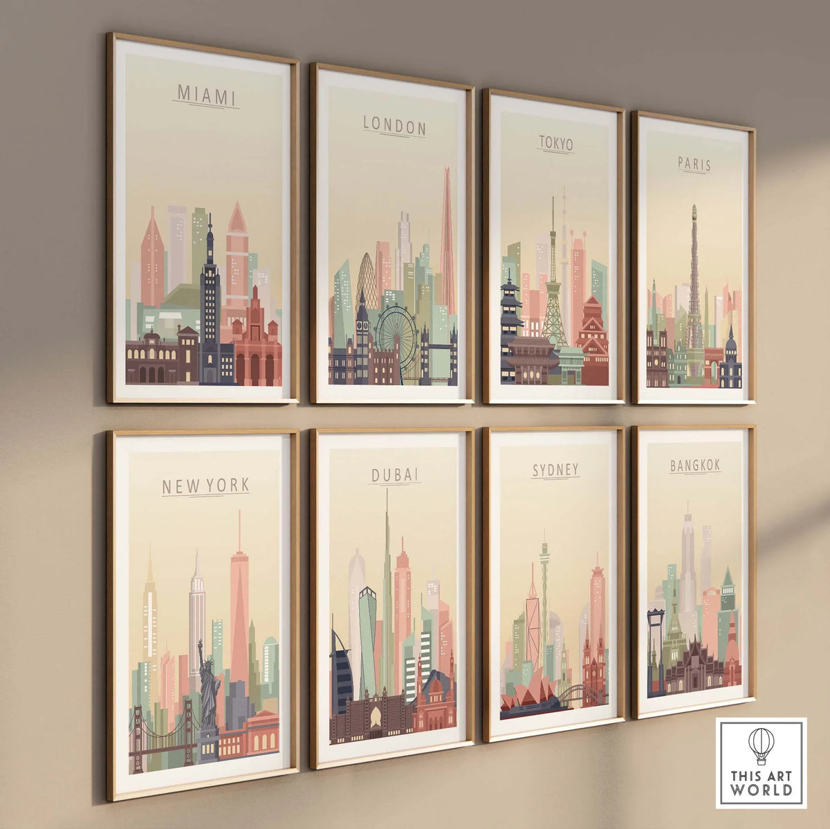 Collection of city skyline wall art prints featuring Miami, London, Tokyo, Paris, New York, Dubai, Sydney, and Bangkok.