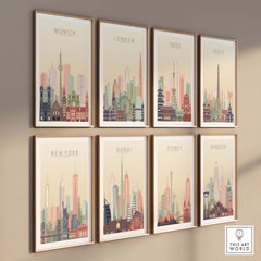 Gallery of city skyline prints featuring Munich, London, Tokyo, Paris, New York, Dubai, Sydney, and Bangkok in pastel tones.