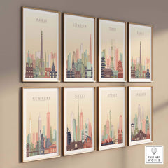 Collection of city skyline prints featuring Paris, London, Tokyo, New York, Dubai, Sydney, and Bangkok in pastel colors.