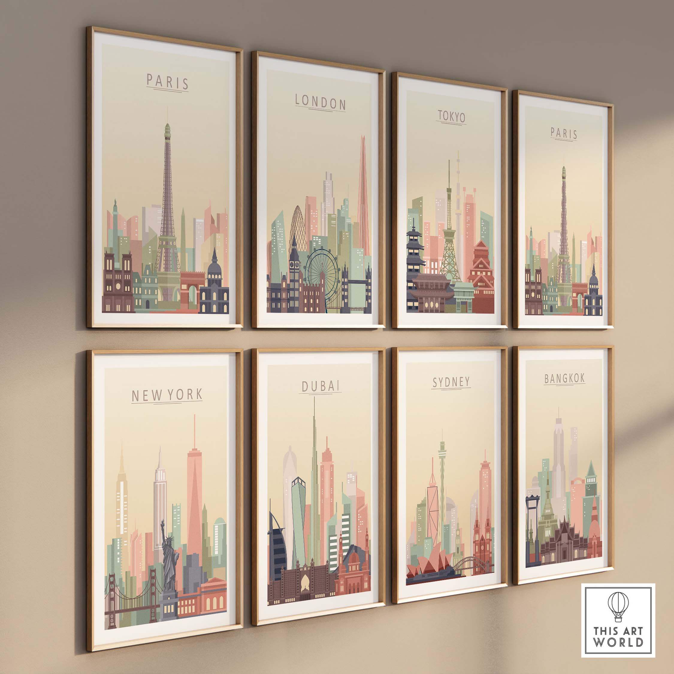 Collection of city skyline prints featuring Paris, London, Tokyo, New York, Dubai, Sydney, and Bangkok in pastel colors.