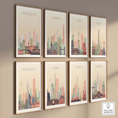 Gallery of city skyline wall art prints featuring Rochester, London, Tokyo, Paris, New York, Dubai, Sydney, and Bangkok.
