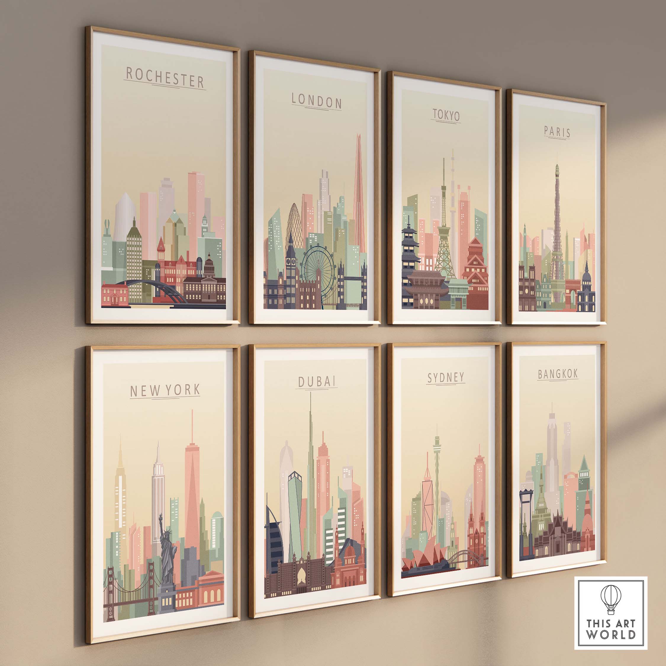 Gallery of city skyline wall art prints featuring Rochester, London, Tokyo, Paris, New York, Dubai, Sydney, and Bangkok.
