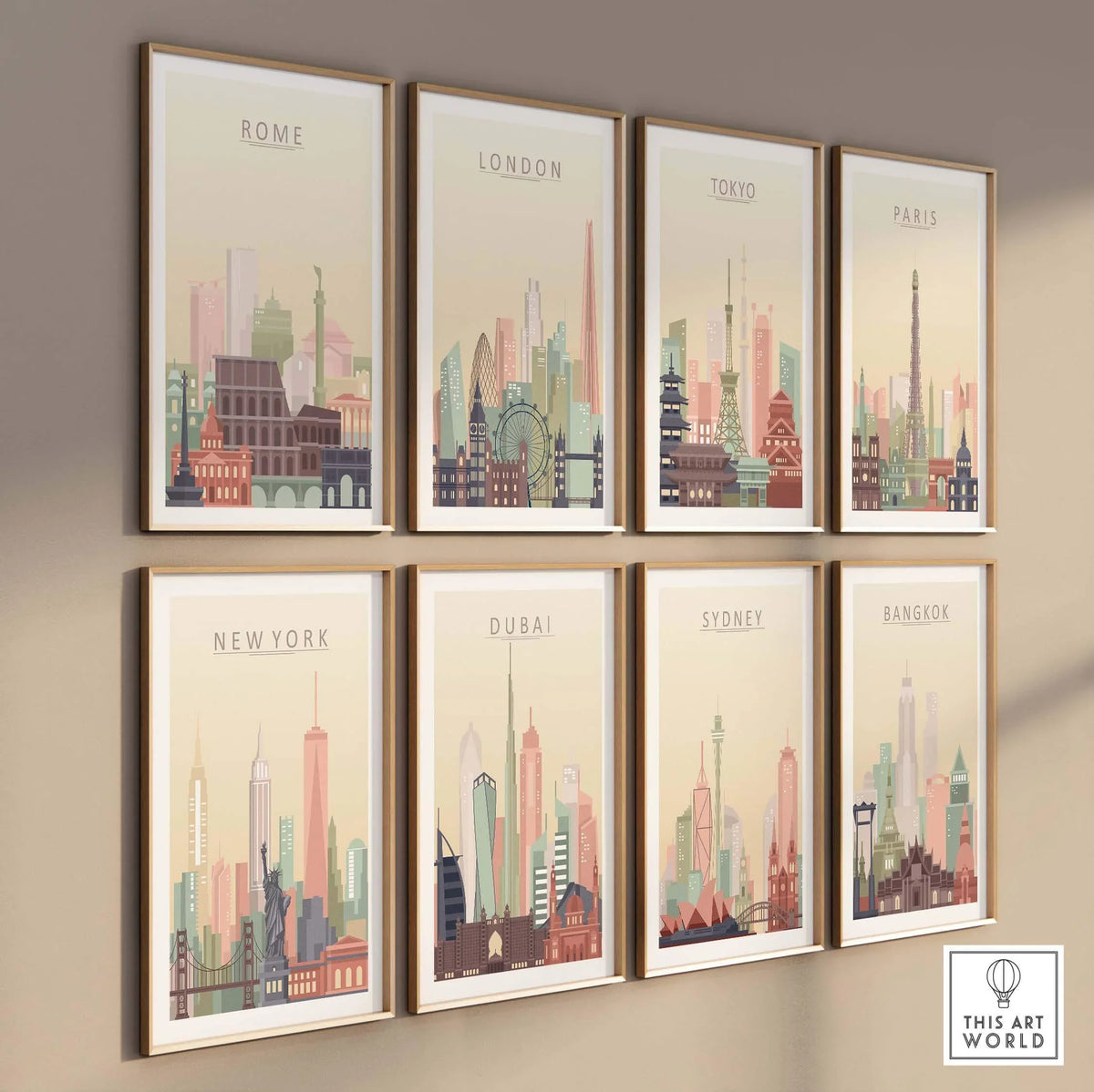 Framed city skyline prints of Rome, London, Tokyo, Paris, New York, Dubai, Sydney, and Bangkok on a wall.
