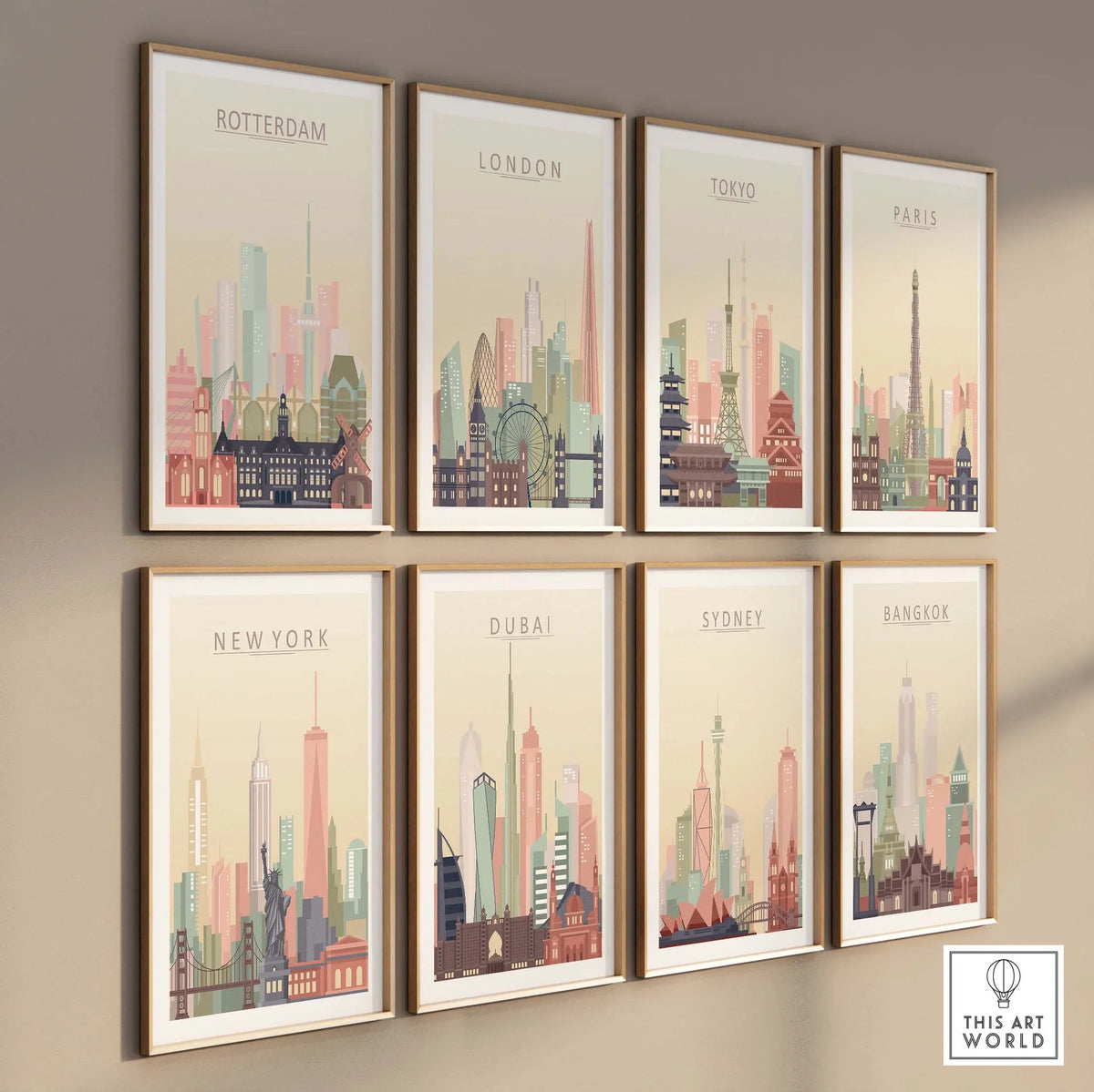 Gallery wall featuring skyline prints of Rotterdam, London, Tokyo, Paris, New York, Dubai, Sydney, and Bangkok.