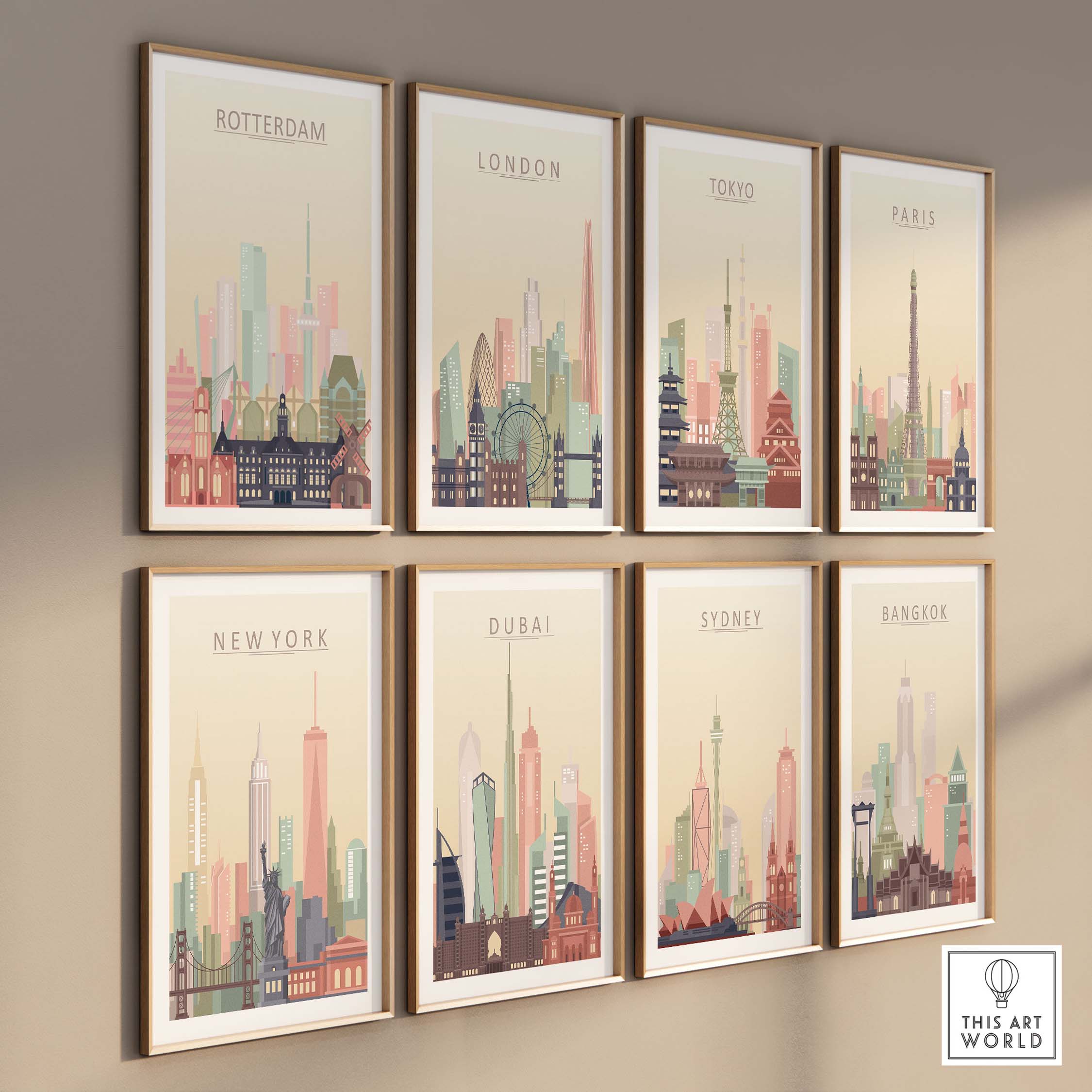 Gallery wall featuring skyline prints of Rotterdam, London, Tokyo, Paris, New York, Dubai, Sydney, and Bangkok.